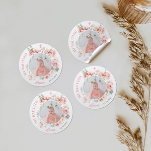 Pegatina para bautizo niña con foto en español, pink floral baptism stickers, christening favor labels with photo, mi bautizo decor - C177