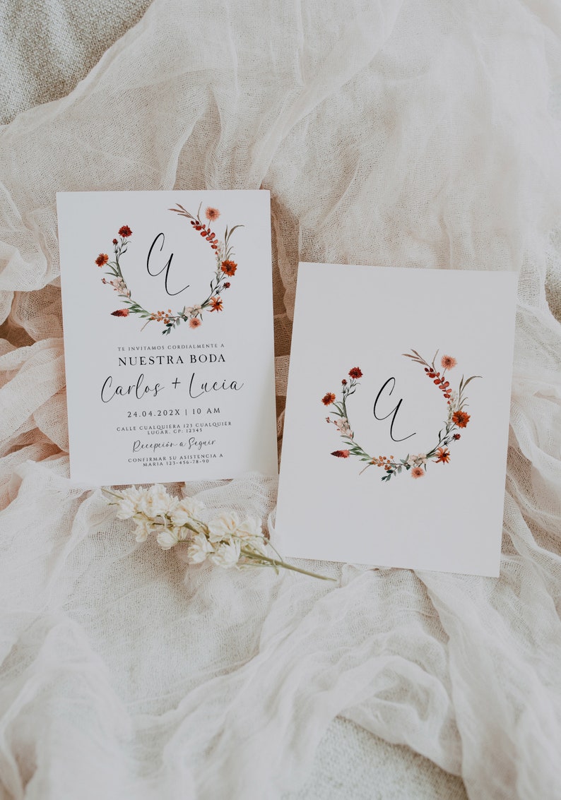Plantilla de invitaciones para boda en español, terracotta wildflower ...