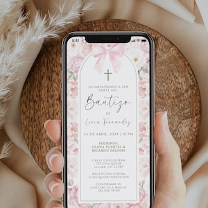 Bewerkbare roze pioenrozen en strik doopmeisje boho elektronisch uitnodiging spaans, roze pioen en bloemen digitale uitnodiging - C441g