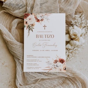 Template boho invitation baptism  in spanish, invitación religiosa para el bautizo de nuestro hiyo en español, invitacion para niñas -C029