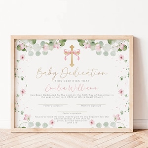 Editable gift certificate Baby Dedication, soft pink wildflowers & greenery baptism certificate for a girl, boho religious certificate -C500