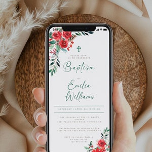 Digital christmas baptism invitation template, green red winter baptism boy girl phone invite, poinsettia baptism electronic invite -C150