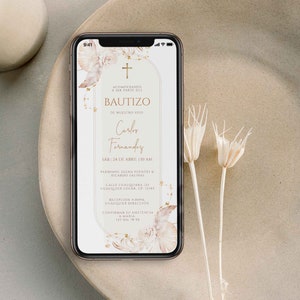Convite eletrônico com texto de batismo de grama dos pampas em espanhol, convite boho bautizo em espanhol, convite de batismo para smartphone evitar em espanhol - C022
