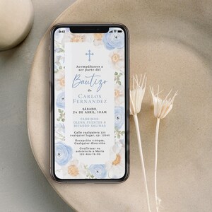 Electronic invitation celebration of baptism boy boho spanish template, light blue white flowers boy  christening party phone invite - C503