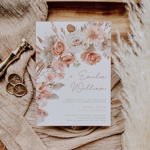 Boho dusty pink flowers wedding invitation template, pampas grass  roses palm leaf orchids wedding invite, personalised parti invite - C274