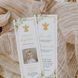 Vintage gold green baptism bookmark with photo boy girl printable, white flowers baptism bookmark, baptism bookmark with gold angel - C1