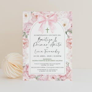 Arch boho soft pink peonies & bow invitation baptism 1st birthday spanish printable, floral invitación el bautizo y primer añito niña -C441g