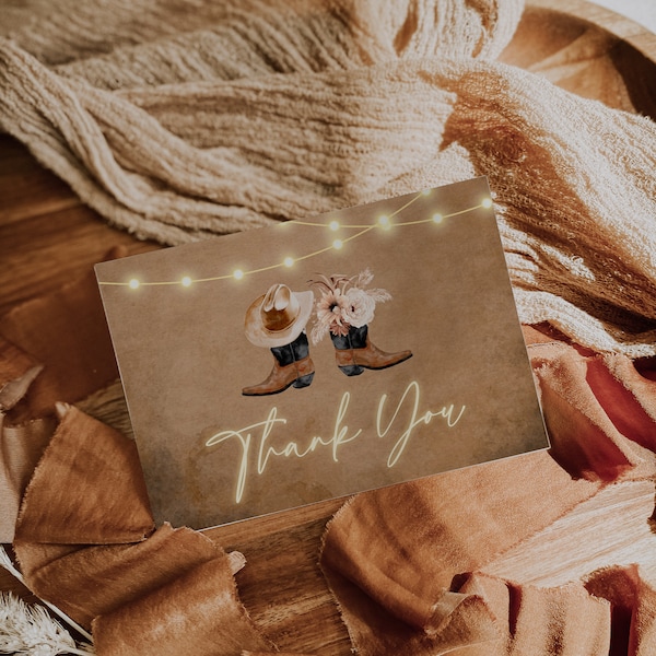 Rustic ranch flat bridal shower thank you card, western wedding party thank you note, thank you card cowboy boots and pampas floral - C230
