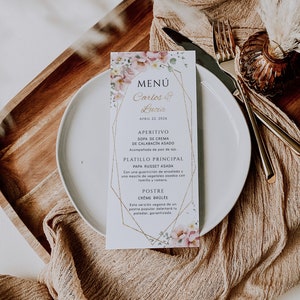 Plantilla de menú de boda español, tarjetas de menú de cena boho, blush pink flowers geometric gold frame wedding menu, editable menus -C180