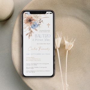 Boho floral baptism & 1st birthday boy electronic invitation spanish template, digital invitación bautizo y primer añito niño español - C33
