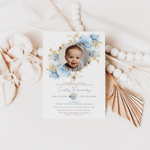 Editable invitación de bautizo y primer año de nuestro hijo con foto en español, blue watercolor invite baptism boy spanish with photo -C038