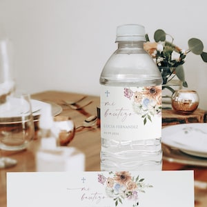 Boy baptism water bottle labels with boho colored wildflowers  spanish template, etiqueta para botella de agua bautizo niño en español - C34
