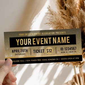 Classic gold black ticket template surprise event, presents certificate for events, bday concert ticket surprise, theatre show gift ticket