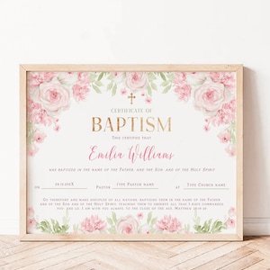 Baby dedication baptism certificate template, pink baptism girl gift, child christening dedication, church certificate, personalized - C168