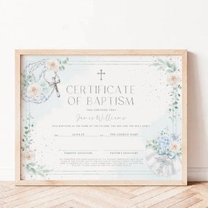 Bohemian Certificate Of Baptism for boy printable, eucalyptus and blue hydrangea church certificate, green silver boy baptism gift - C315