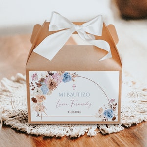 Bogemian spanish template baptism boy gift box, gable box label decorated colorful flowers, etiqueta caja de regalo de bautizo español - C27