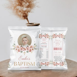 Blush pink floral baptism chip bag, chip bag wrappers label with photo girl, party bag favors printable, pink gold snacks treat bags - C178
