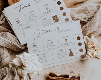 May include: A wedding invitation card with a brown and white color scheme. The card has a section for the groom's name, Thomas, and a section for the bridesmaid's name, Jessica. The card includes the wedding date, location, and attire details for the wedding party.