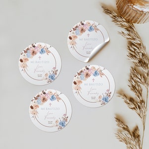 Colorful floral baptism girl personalized boho favor sticker labels, baptism round sticker spanish printable, pegatinas bautizo español -C27