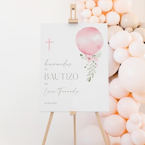 Pink balloon & soft pink flores baptism girl boho welcome sign template spanish, cartel de bienvenida española bautizo con globo rosa - C291