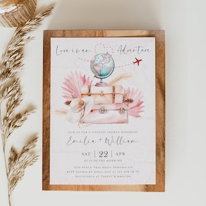 Love is an adventure couples shower invite, map globe suitcases hat bridal shower invitation template, pink boho wedding shower invite -C265