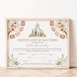 Gift Certificate of Baptism boy spanish template, boho beige floral mexican theme church certificate, recuerdo Certificado de Bautismo -C464