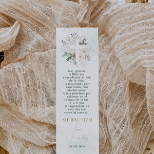 Editable bohemian white flowers baptism boy girl bookmark, greenery baptism bookmark spanish, marcapáginas bautizo con flores en español -C7