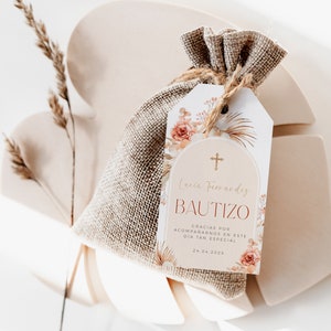 Bautizo gracias tags impremible en español, bohemian floral gift tags for baptism in spanish, pink & gold girl christening favor tags - C288