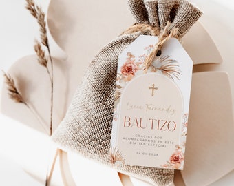 Bautizo gracias tags impremible en español, bohemian floral gift tags for baptism in spanish, pink & gold girl christening favor tags - C288