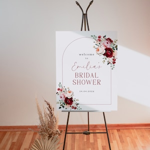 Boho burgundy pink floral and eucalyptus bridal shower welcome sign printable, minimalist garden flowers bridal shower welcome poster - C382