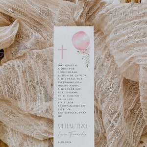 Bohemian bookmark spanish template for the first communion girls with pink balloon, bautizo tarjeta de oración español con globo rosa - C291