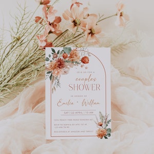 Editable burnt orange flowers and pampas couples shower invitation, arch boho floral bridal party invite, autumn couples shower invite -C146