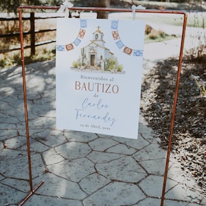 Blue beige mexican theme for baptism boy boho spanish editable welcome sign, cartel de bienvenida fiesta de bautismo niño en español - C464b