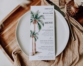 Tropical wedding menu printable, wedding dinner menu cards, palm trees wedding menu, minimal green wedding decor, beach wedding menu - C175