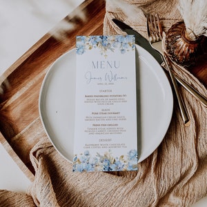 Baptism menu decoration with gold soft blue flowers, personalised christening boy menu, editable boy baptism menu, baptism party decor - C40