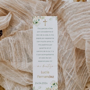 Mi bautizo para niño tarjeta de oración in spanish editable, dekoracion green leaves and flowers baptism bookmark  in spanish - C012