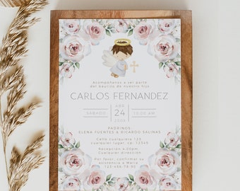 Invitación de bautizo en español para niñas niños imprimible, angel and  pink flovers spanish baptism invite, boho religious invite - C155