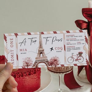 A Trip to Paris travel gift ticket template, burgandy surprise ticket vacation with Eiffel Tower, gift boarding pass plane ticket to France