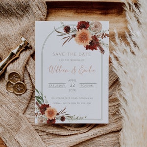Save the date wedding invitation printable, autumn wedding save the date card with arch terracotta flowers, wedding date announcement -C064