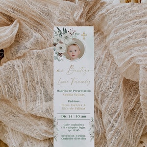 White flowers & greenery baptism girl prayer card in spanish template, tarjeta oración bautismo personalizada con foto niña en español -C6