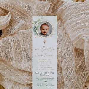 Mi bautizo tarjeta de oracióncon una foto en español, gold green baptism prayer card with photo in spanish printable, neutral bookmark-C009p