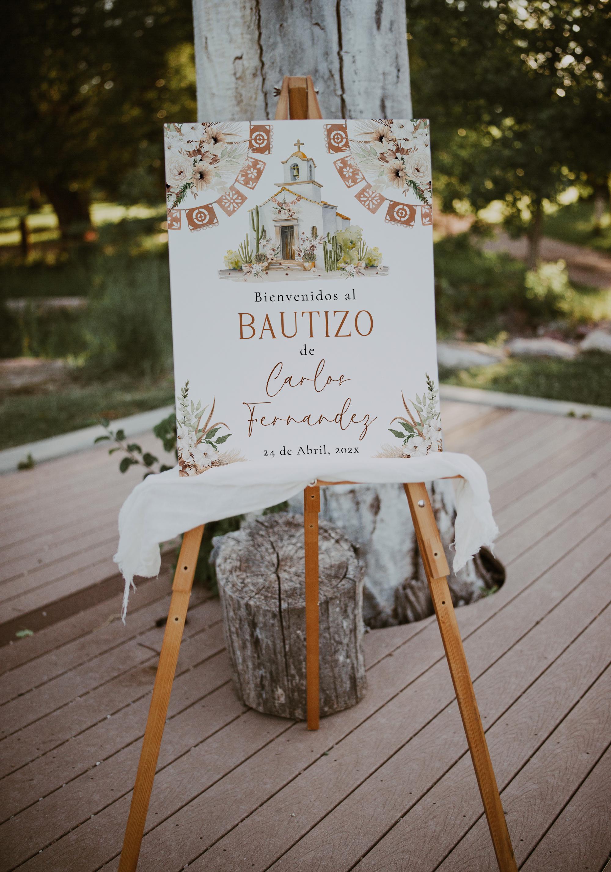 Mexican theme for baptism boy boho spanish editable welcome sign, cartel de bienvenida fiesta bautizo en español -C464