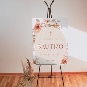 Boho arch with tropocal flowers baptism girl welcome sign in spanish template, cartel de bienvenida para bautizo con flores en español -C288