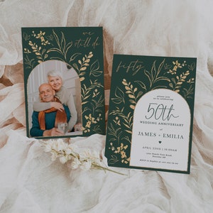 Arch boho dark green tone with gold floral 50th wedding anniversary invite with photo, editable 50th wedding anniversary invitation - C244