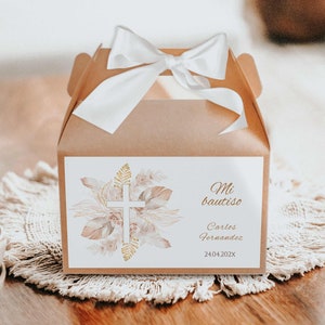 Baptism boy girl gold leaves gable box label spanish boho editable, baptism gift box label, baptism gable box label with feathers decor -C24