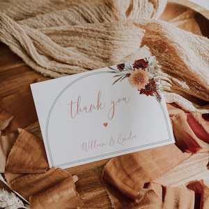Autumn floral wedding thank you card printable, modern flat thank you card, thank you note, boho terracotta thank you table place card -C064
