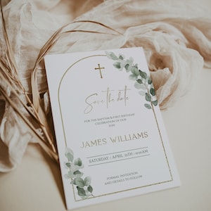 Green gold save the date baptism and first birthday boy, eucalyptus card christening 1st birthday of our son save the date printable -C036