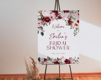 Pink pumpkins summer or fall bridal shower welcome sign template, watercolor boho burgundy pink flowers bridal shower welcome poster - C416