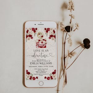 Love is an Adventure Bridal Shower Electronic Invitation Template: Travel Theme, Ruby White Floral, Vintage Suitcases, Golden Globe -C489