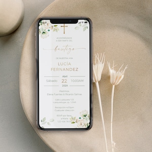 White flowers baptism girl electronic invitation spanish editables, boho greenery floral digital invitación de bautizo niña en español - C12